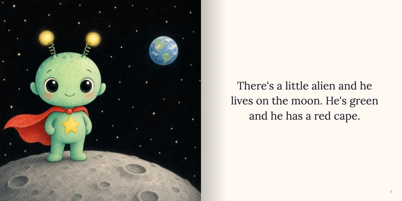 Sample book spread: The tiny alien stands on a grey moon hill under a black, starry sky, cape fluttering, Earth small and blue in the distance. The words read: “There's a little alien and he lives on the moon. He's green and he has a red cape.”