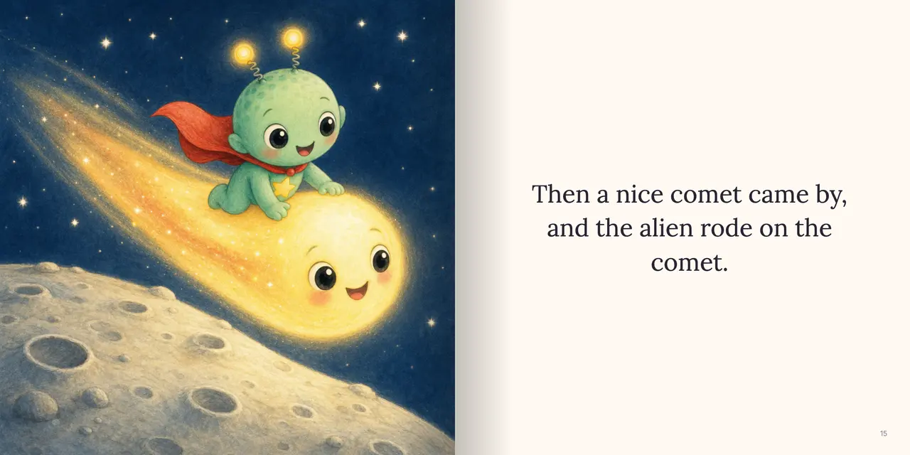 Sample book spread: A friendly glowing comet with a long sparkly tail swoops low over the moon, and the alien climbs onto it, holding on tight. The words read: “Then a nice comet came by, and the alien rode on the comet.”