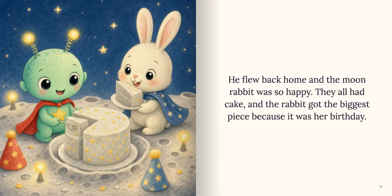 Sample book spread: Back on the moon, the alien and the moon rabbit share the cake (a tall round cake of pale silver moon dust with glittering yellow star sprinkles, pale silver inside too) at a little crater party, the rabbit holding the biggest slice. The words read: “He flew back home and the moon rabbit was so happy. They all had cake, and the rabbit got the biggest piece because it was her birthday.”