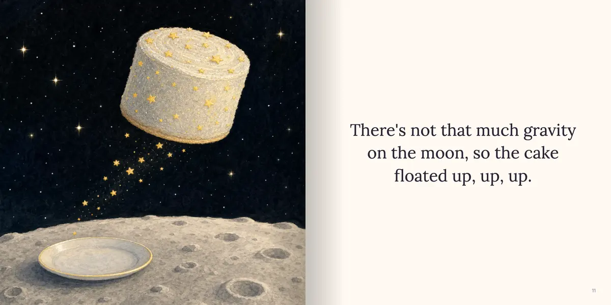 The finished page: “There's not that much gravity on the moon, so the cake floated up, up, up.” beside an illustration of the cake floating into the starry sky